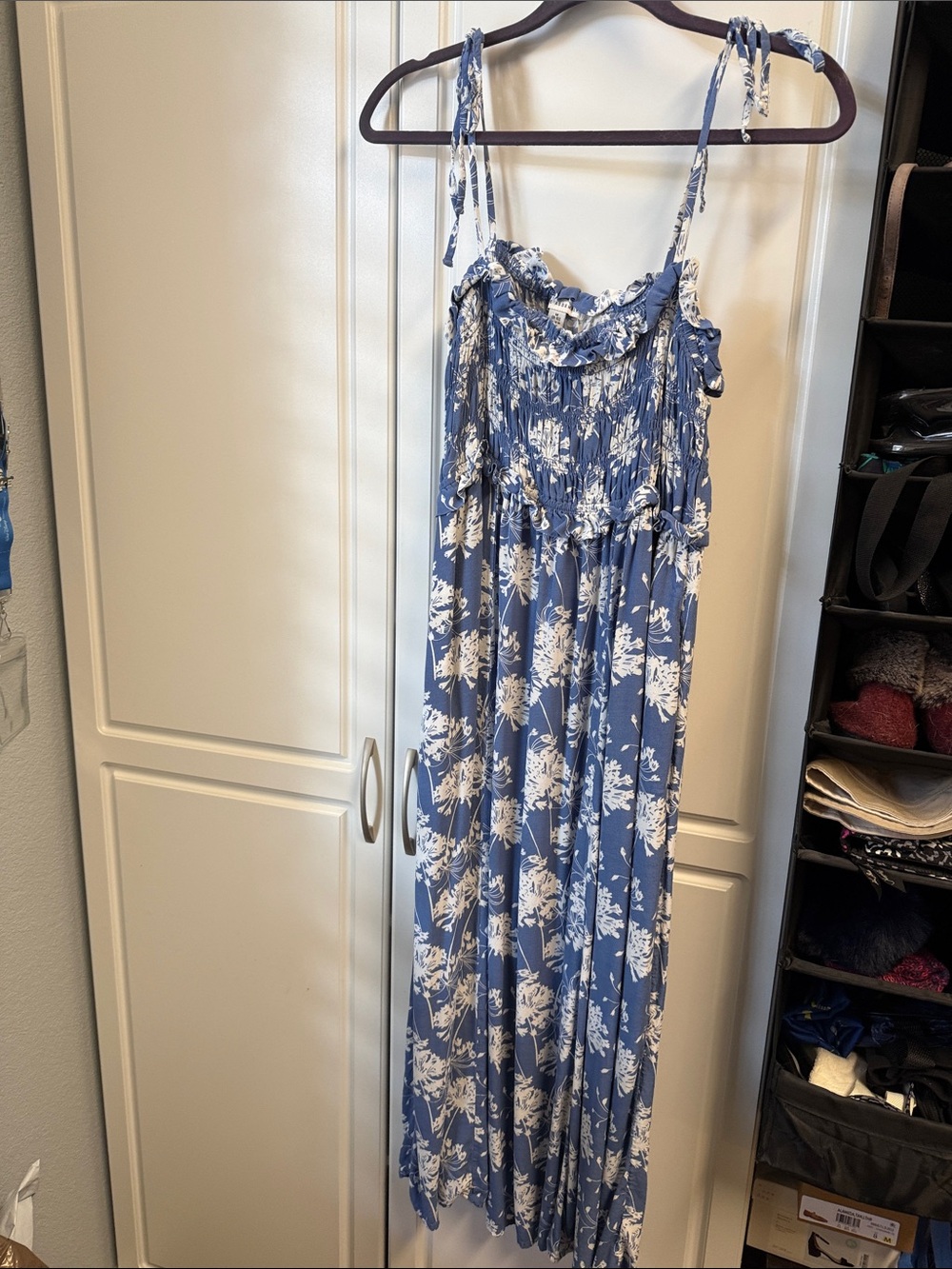 Blue Floral Midi Dress with Tie Straps, M